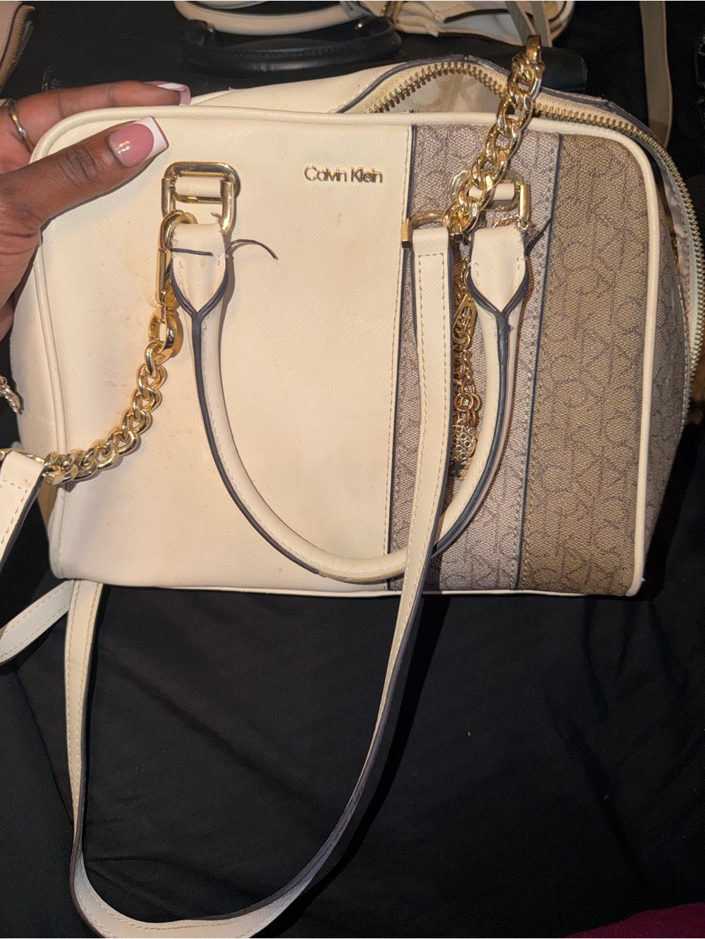 Calvin Klein Cream and Brown Signature Panel Satchel with Gold Chain